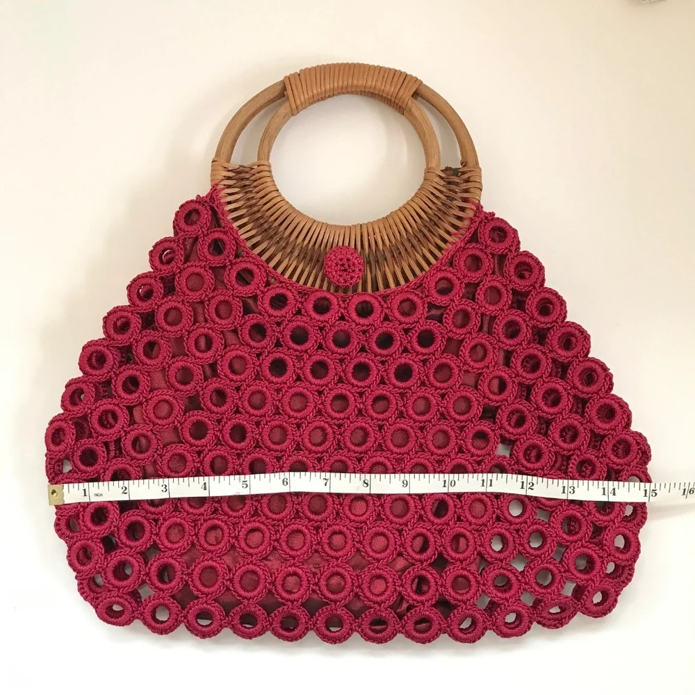 ENRICO VERSARI Italian Handcrafted Crochet & Rattan Satchel Red Bag EUC